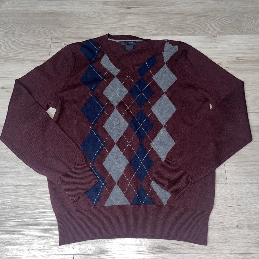 Banana Republic Sweater 100% Merino Wool Argyle Tall M Preppy Collegiate Smart